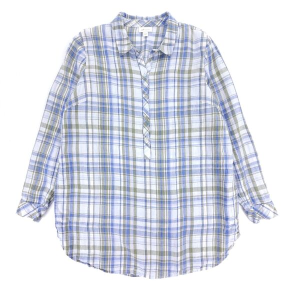NEW J Jill 100% Linen Button Down Tunic Lagenlook Coastal Cottagecore Boho Plaid - Picture 1 of 10